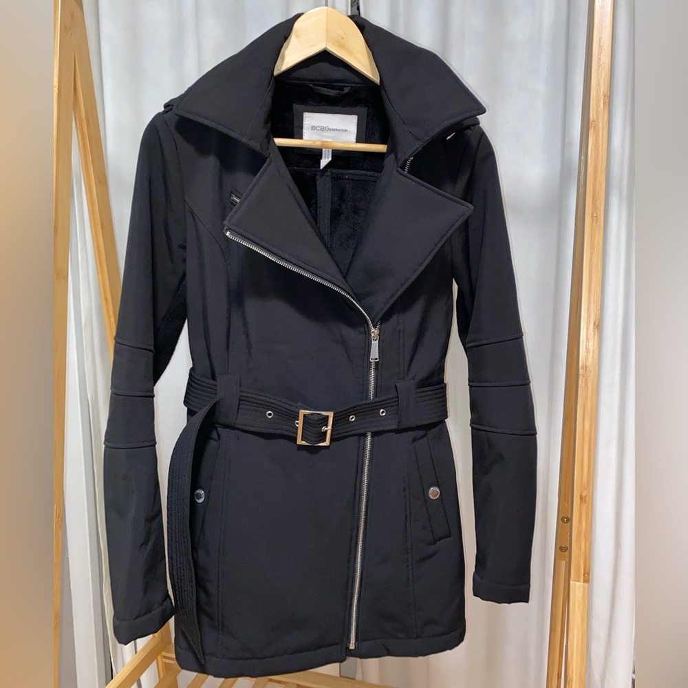 BCBGeneration Black Asymmetrical Belted Trench Coat Jacket, Size XS